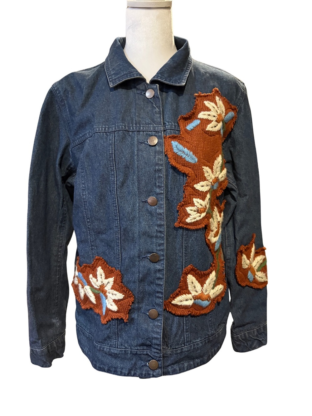 Multiples Denim Jacket M Floral Knit Appliqué Beaded Boho Statement